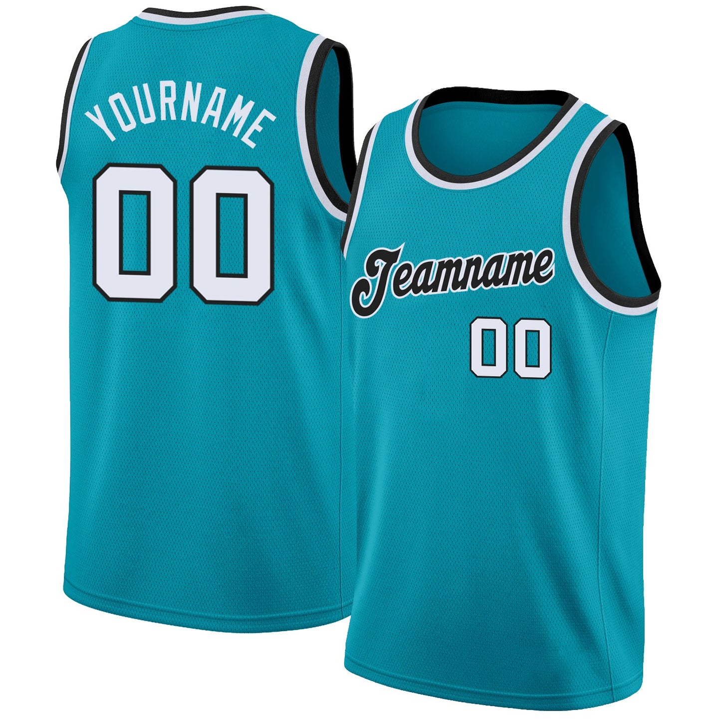 Custom Teal White-Black Round Neck Rib-Knit Basketball Jersey - Main View