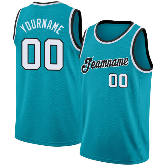 Custom Teal White-Black Round Neck Rib-Knit Basketball Jersey - Main View