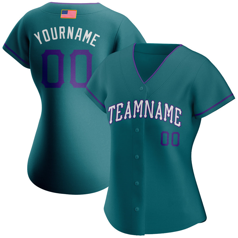 Custom Teal Purple-White Authentic American Flag Fashion Baseball Jersey view 2