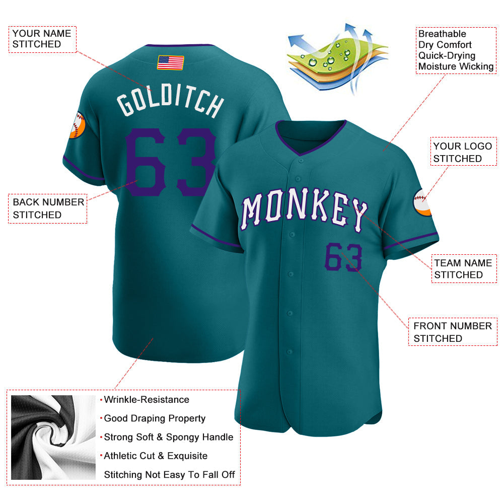 Custom Teal Purple-White Authentic American Flag Fashion Baseball Jersey view 3