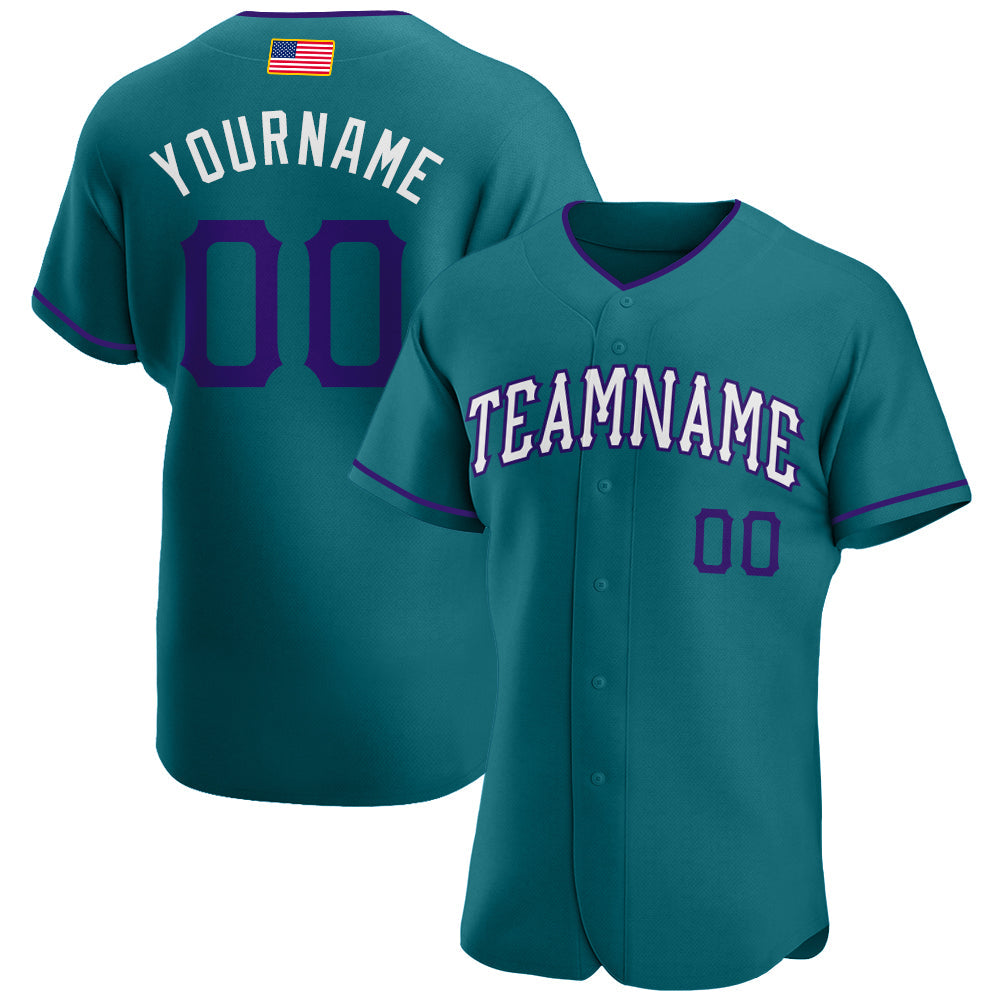 Custom Teal Purple-White Authentic American Flag Fashion Baseball Jersey - Main View