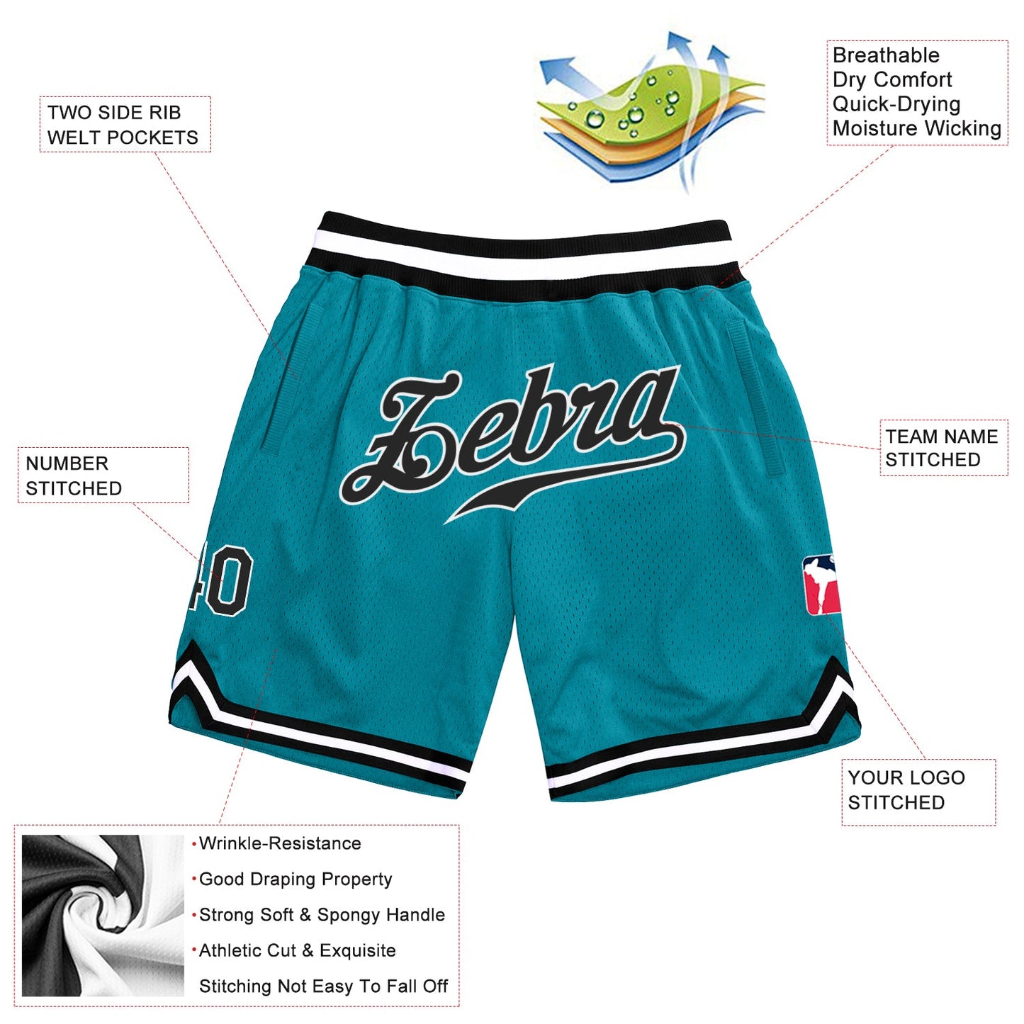 Custom Teal Black-White Authentic Throwback Basketball Shorts view 2