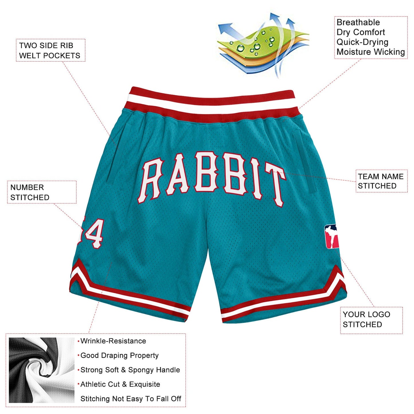 Custom Teal White-Red Authentic Throwback Basketball Shorts view 2