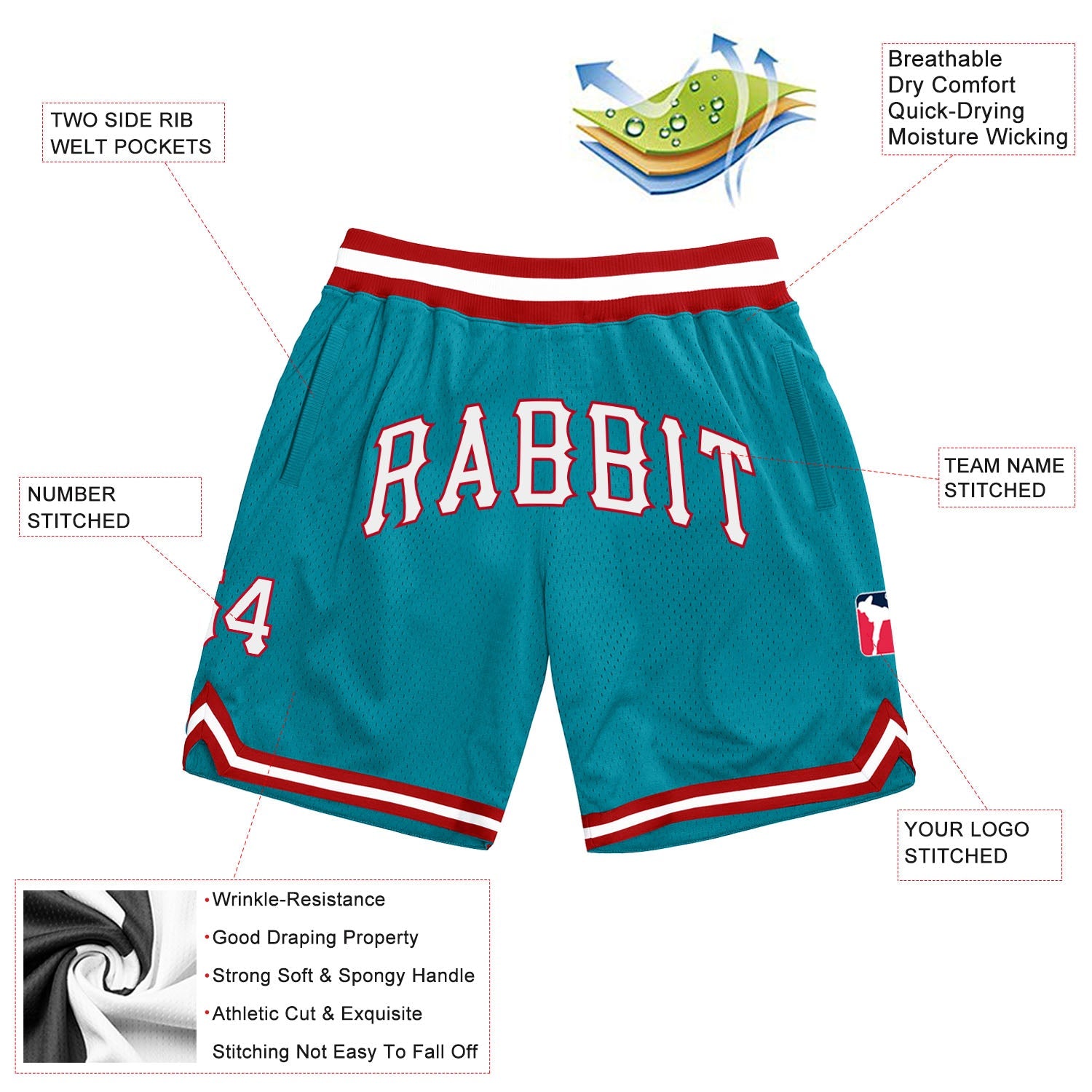 Custom Teal White-Red Authentic Throwback Basketball Shorts view 2