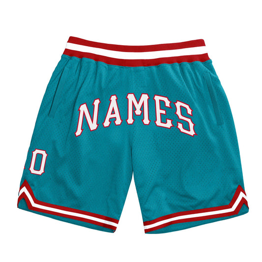 Custom Teal White-Red Authentic Throwback Basketball Shorts - Main View