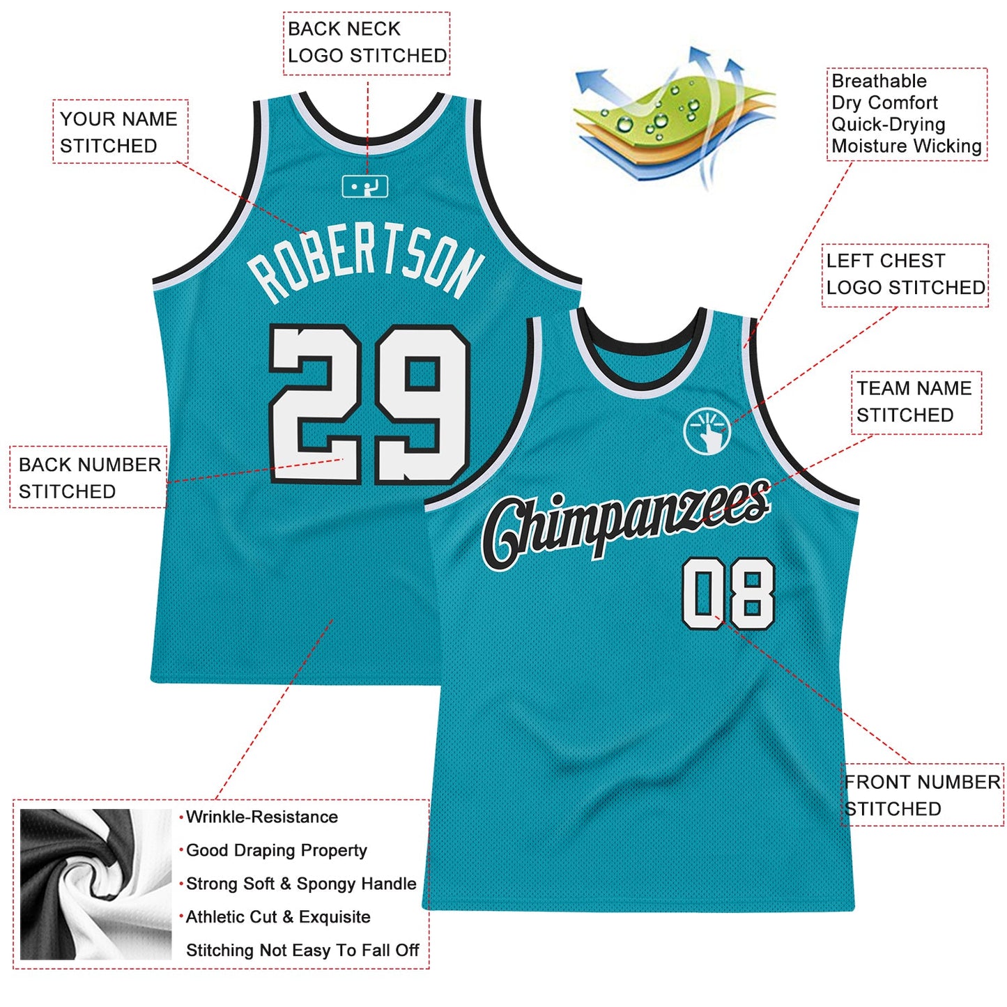 Custom Teal White-Black Authentic Throwback Basketball Jersey view 2