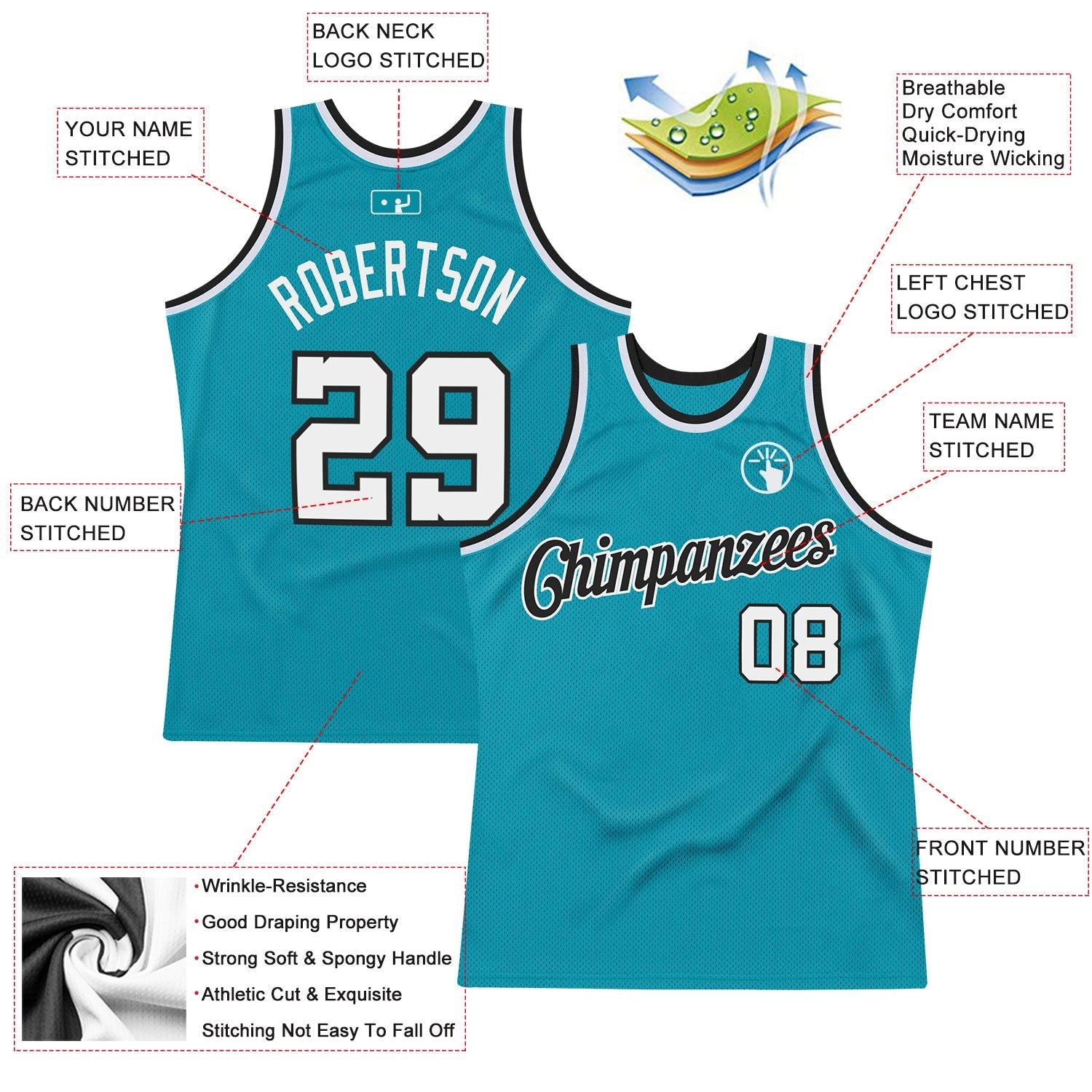 Custom Teal White-Black Authentic Throwback Basketball Jersey view 2