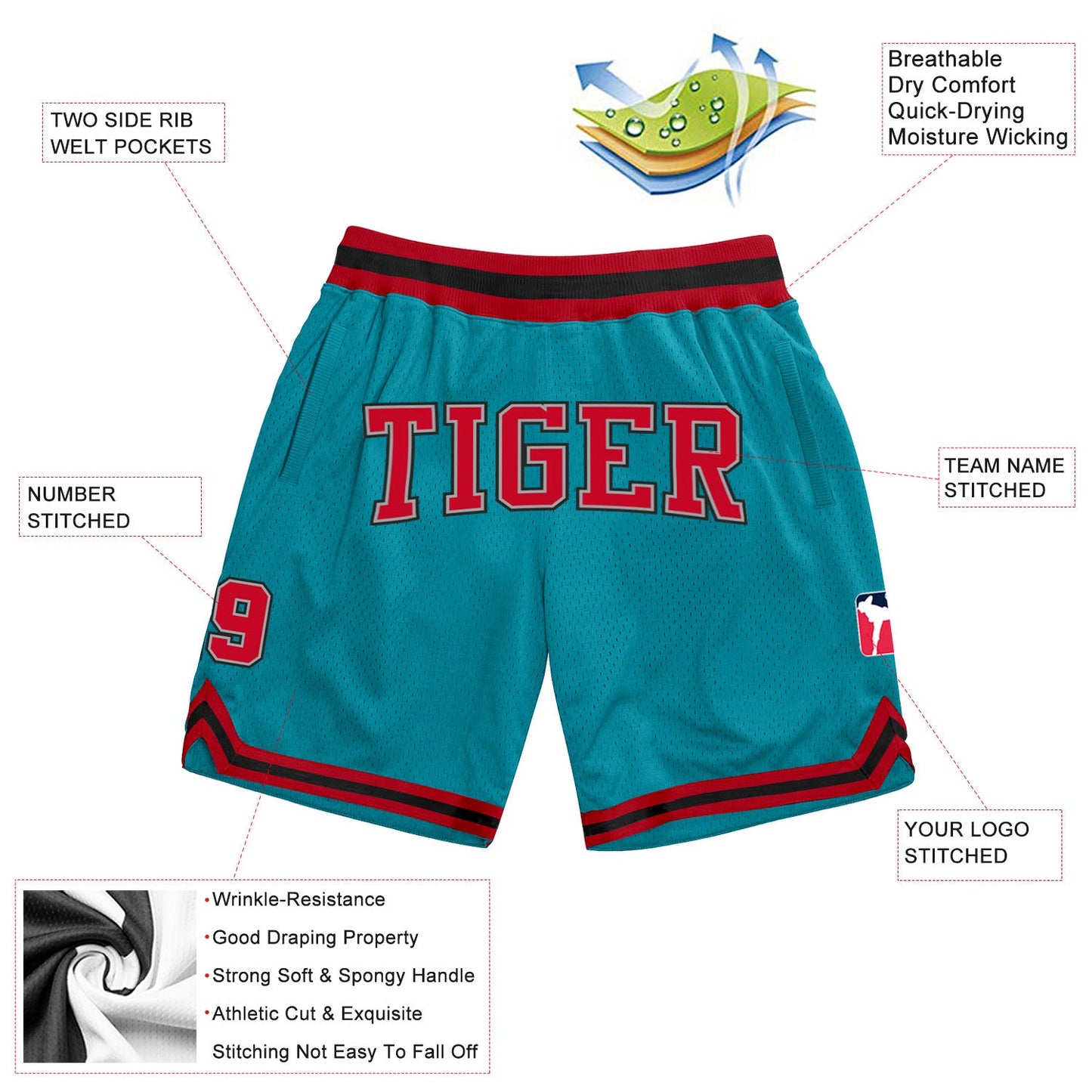 Custom Teal Red-Black Authentic Throwback Basketball Shorts view 2