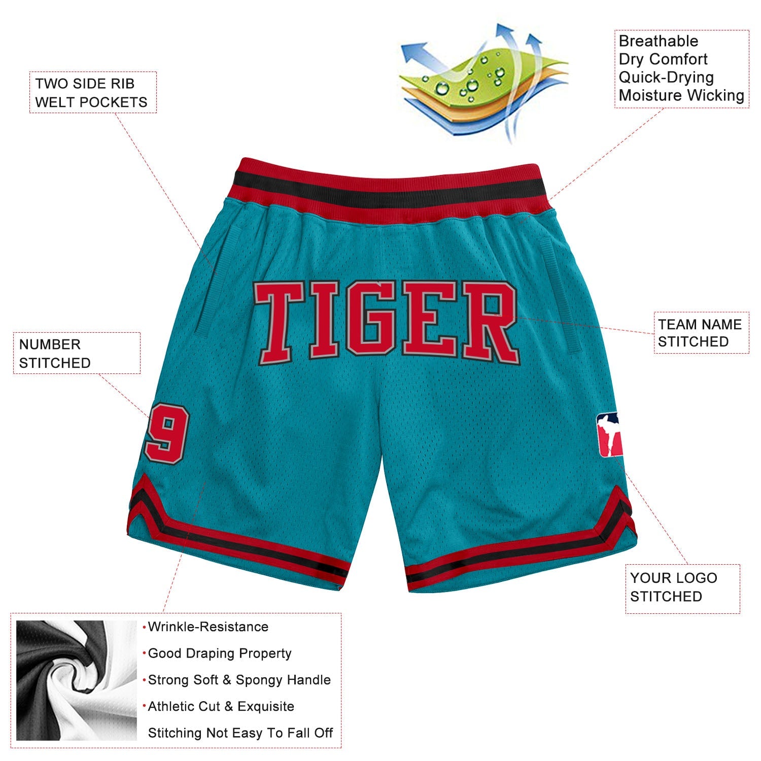 Custom Teal Red-Black Authentic Throwback Basketball Shorts view 2