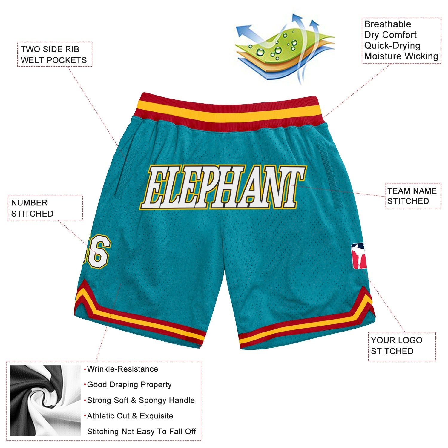 Custom Teal White-Gold Authentic Throwback Basketball Shorts view 2