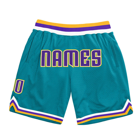 Custom Teal Purple-Gold Authentic Throwback Basketball Shorts - Main View