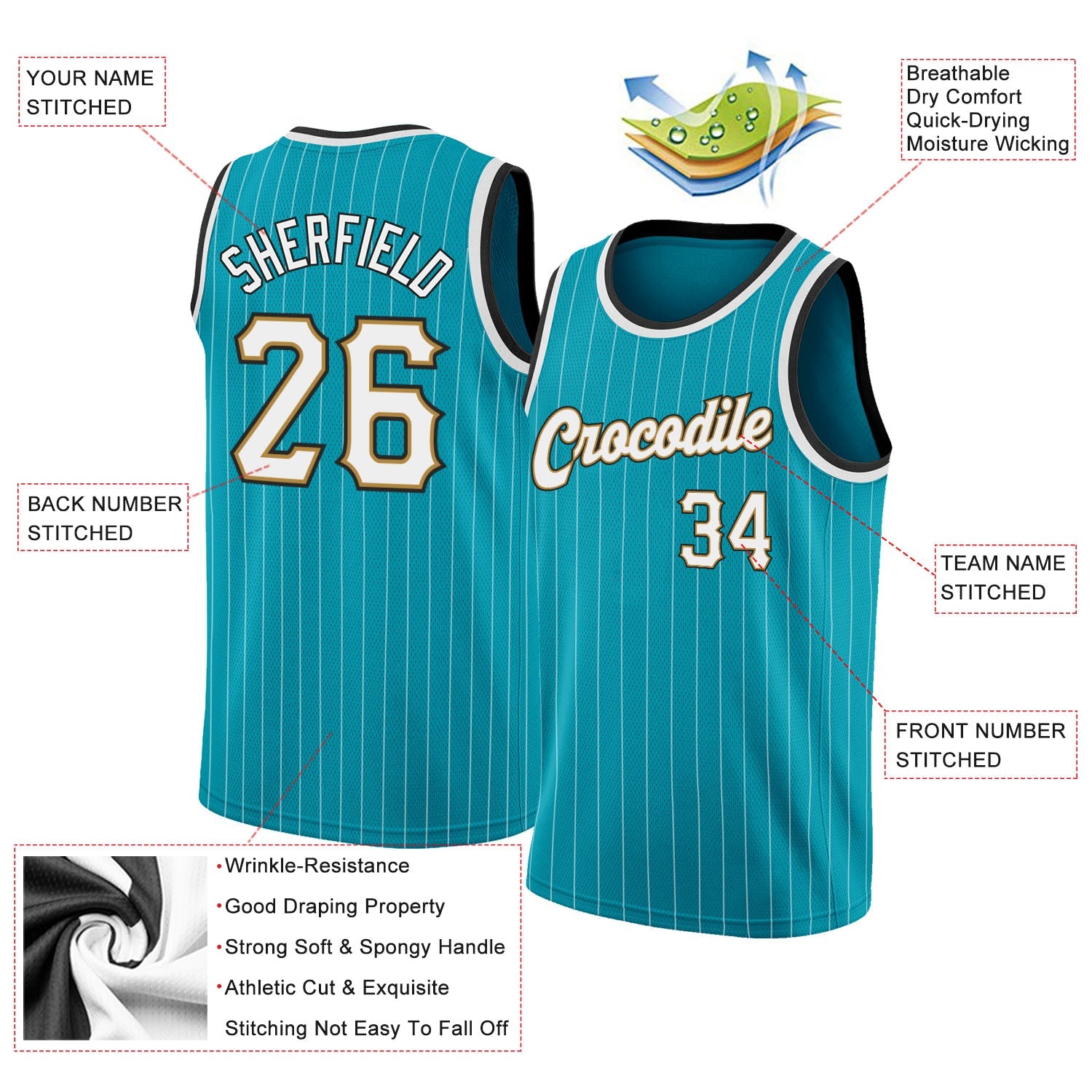 Custom Teal White Pinstripe White-Old Gold Authentic Basketball Jersey view 2