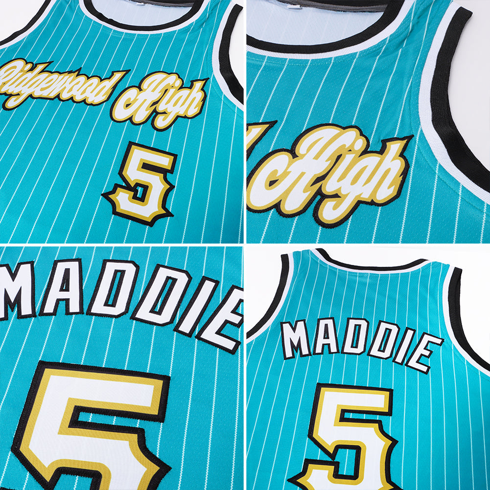 Custom Teal White Pinstripe White-Old Gold Authentic Basketball Jersey view 7