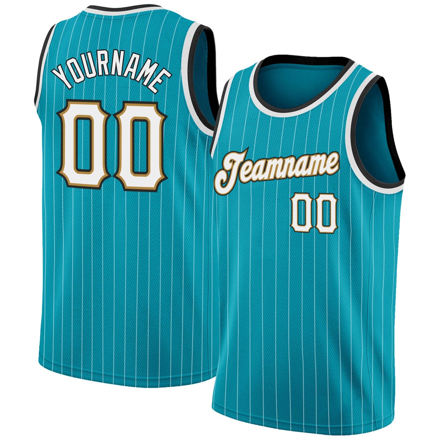 Custom Teal White Pinstripe White-Old Gold Authentic Basketball Jersey - Main View