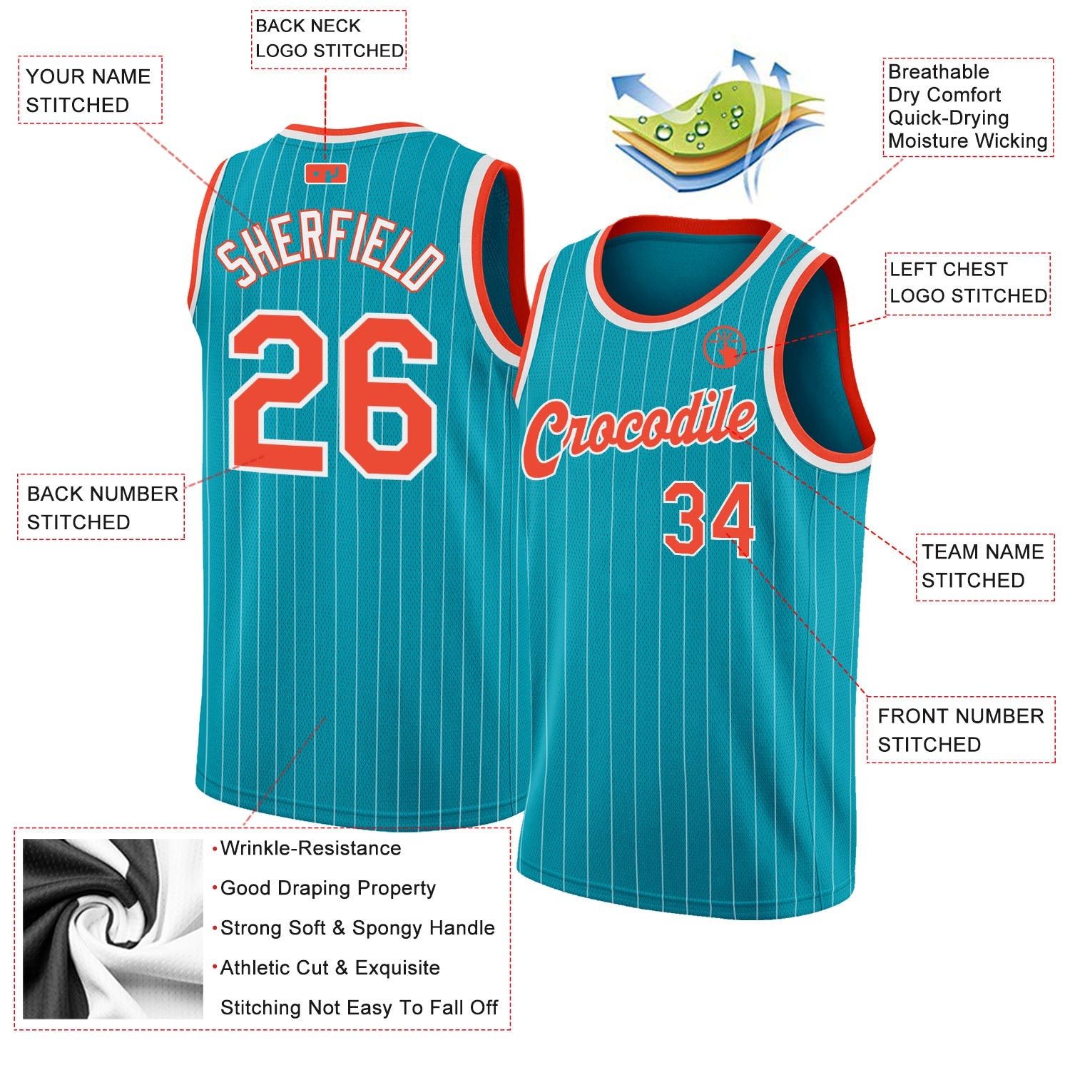 Custom Teal White Pinstripe Orange-White Authentic Basketball Jersey view 2