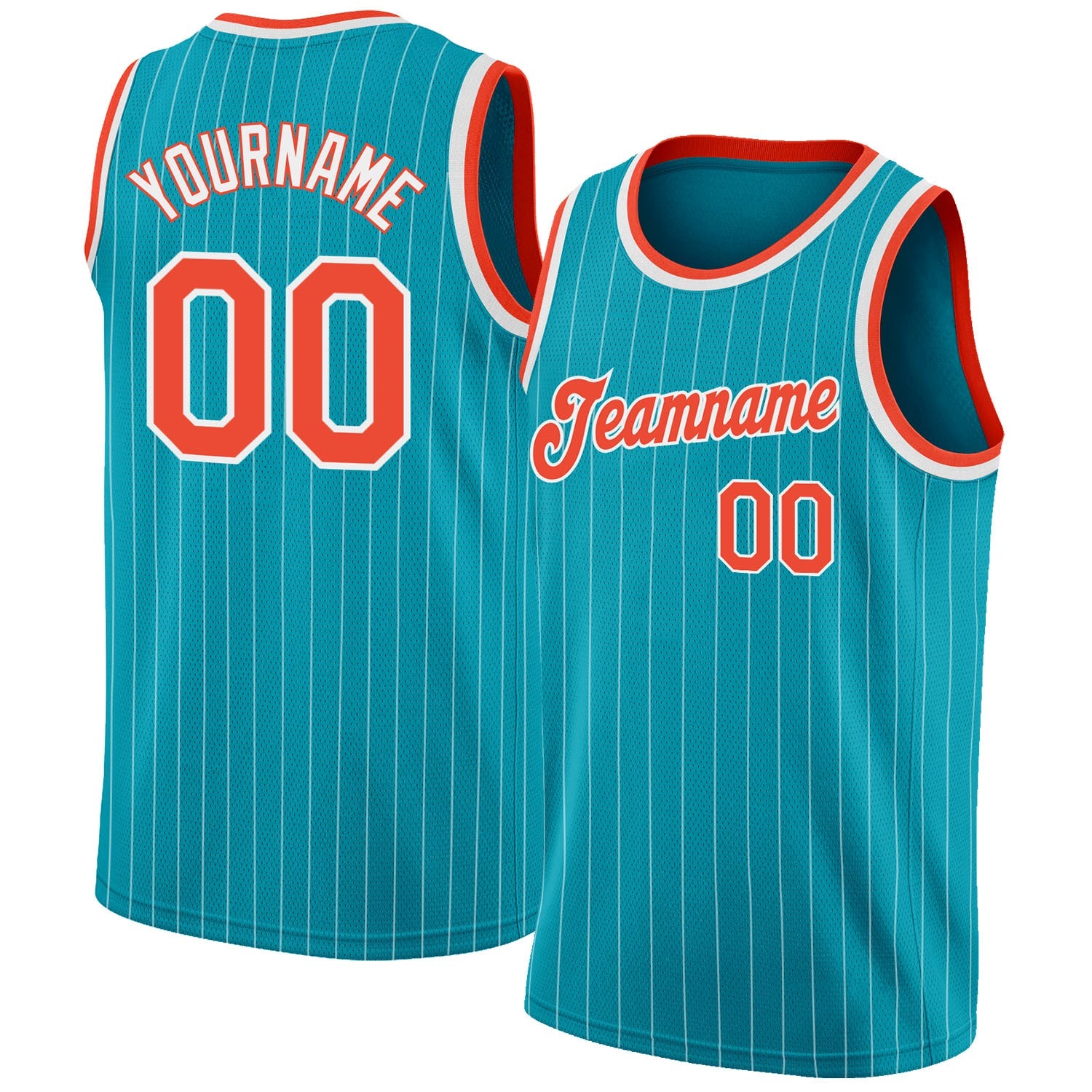 Custom Teal White Pinstripe Orange-White Authentic Basketball Jersey - Main View