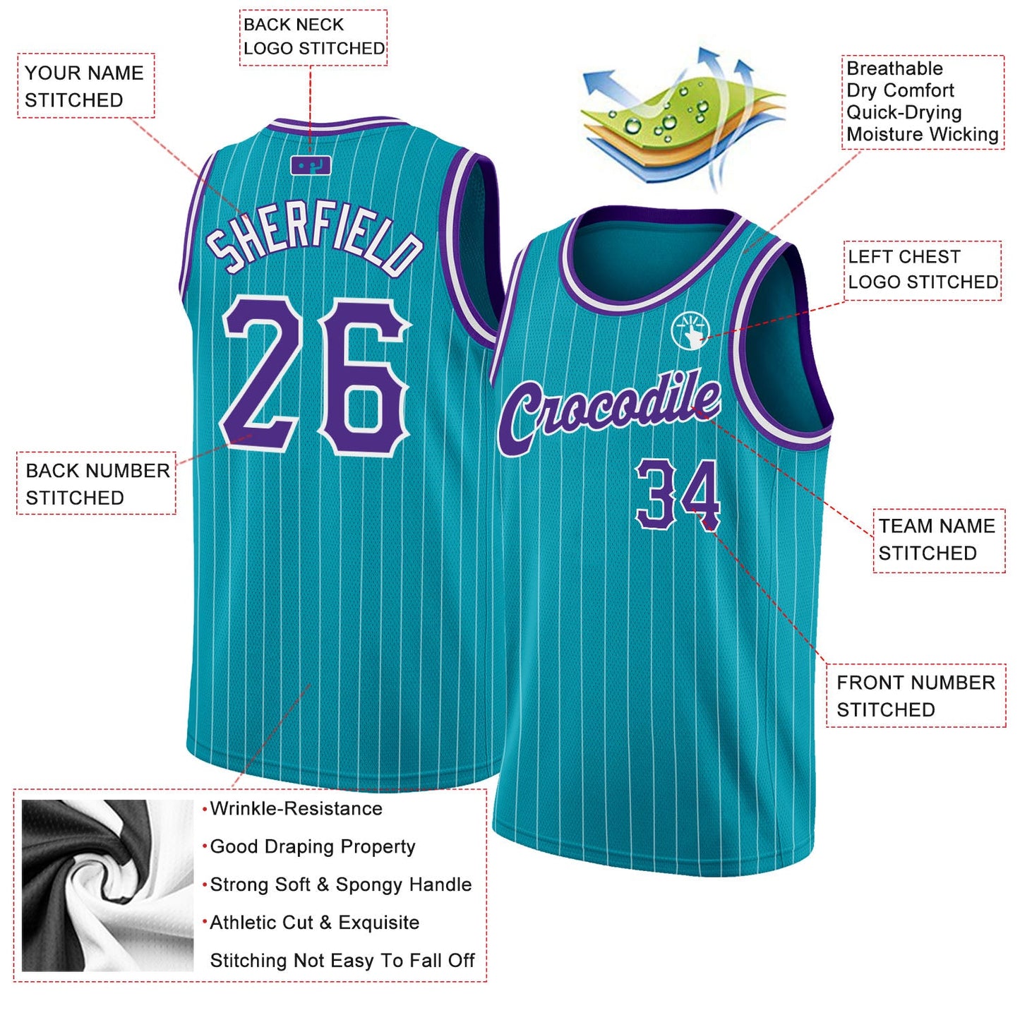 Custom Teal White Pinstripe Purple-White Authentic Basketball Jersey view 2