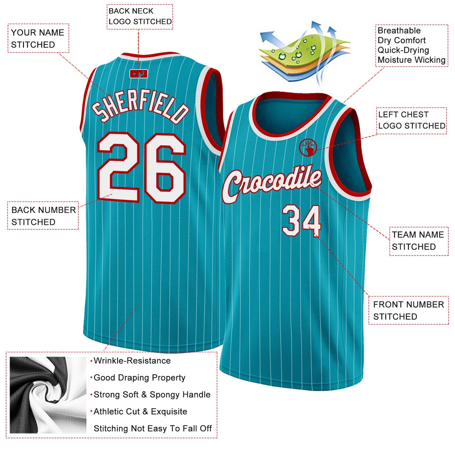 Custom Teal White Pinstripe White-Red Authentic Basketball Jersey view 2