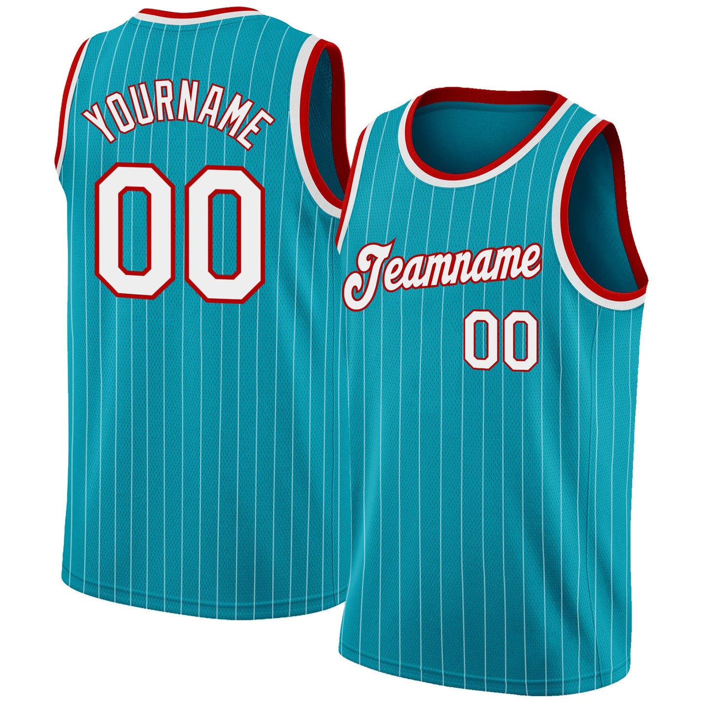 Custom Teal White Pinstripe White-Red Authentic Basketball Jersey - Main View
