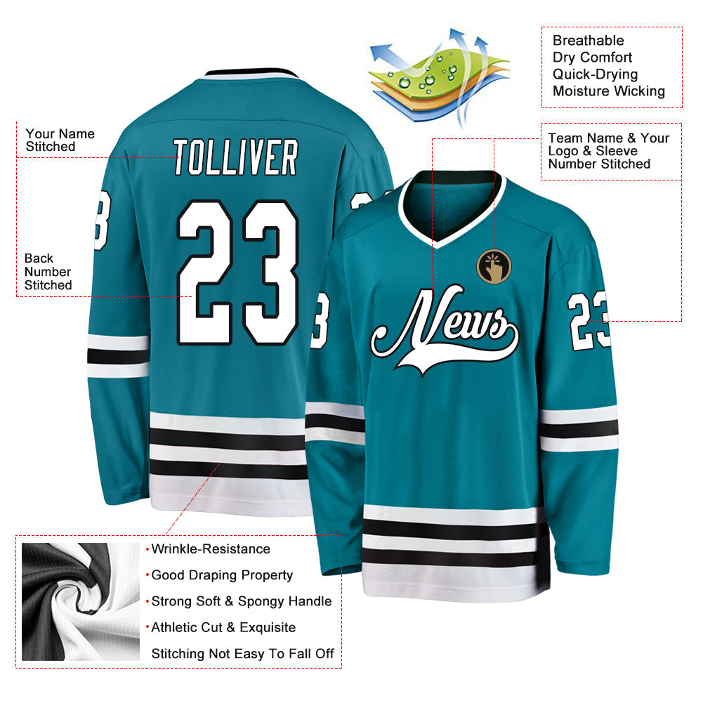 Custom Teal White-Black Hockey Jersey view 4