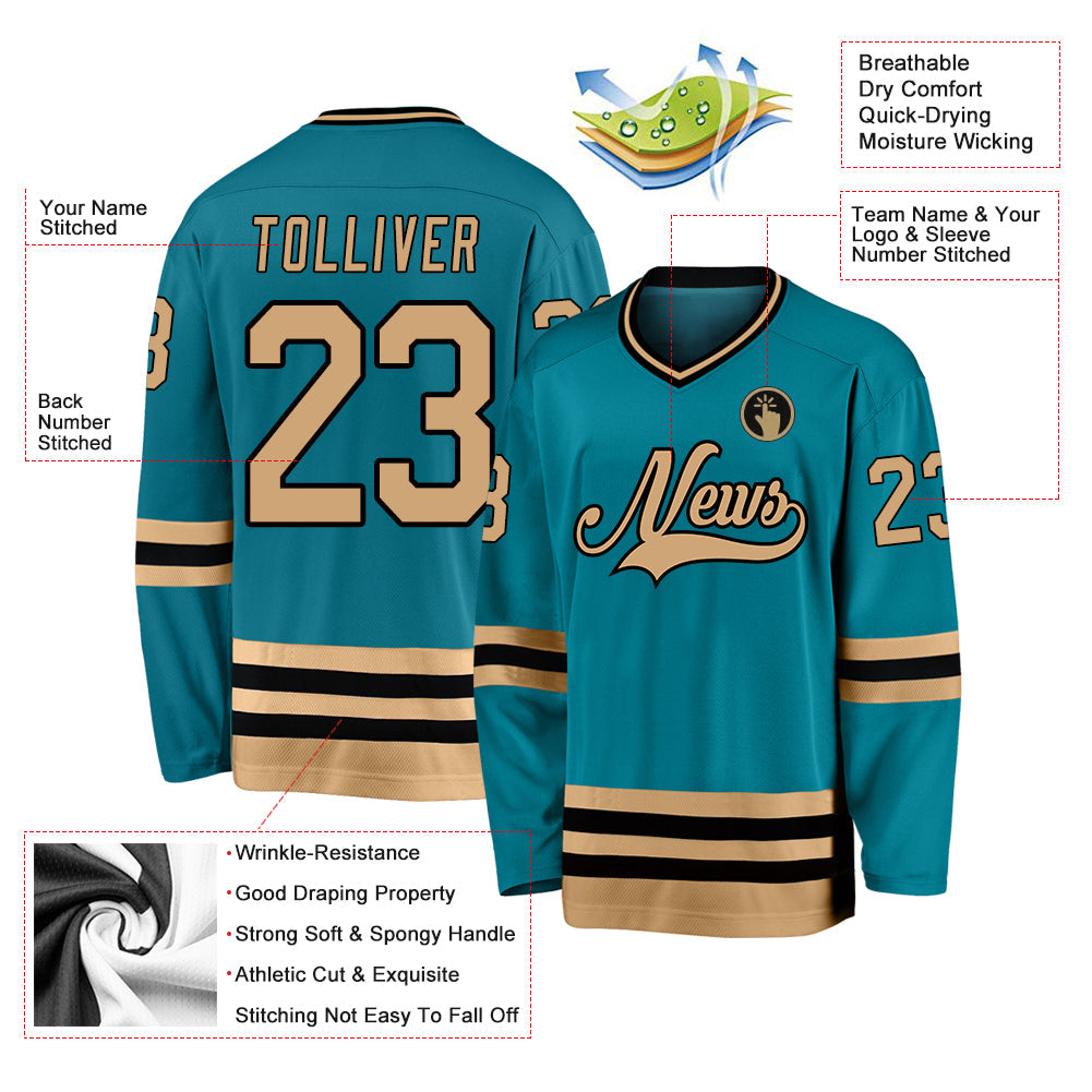 Custom Teal Old Gold-Black Hockey Jersey view 2