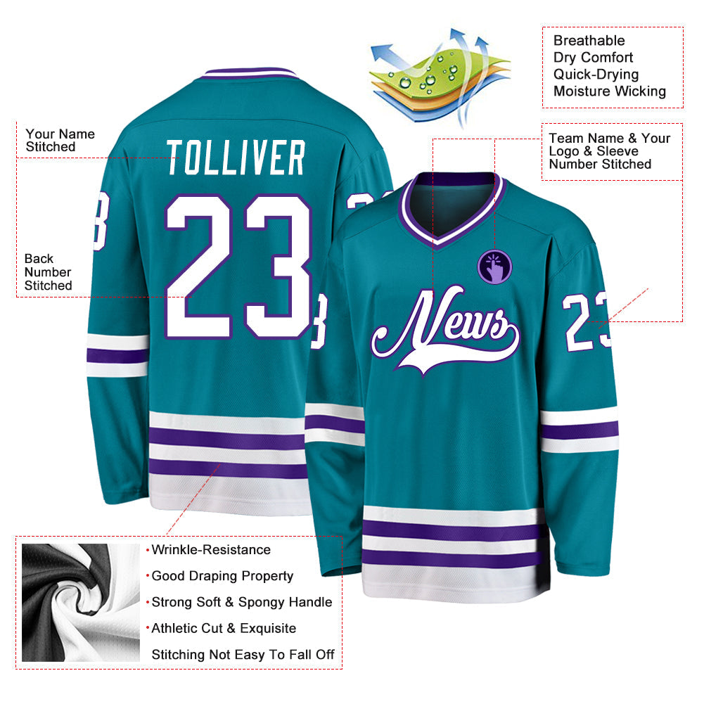 Custom Teal White-Purple Hockey Jersey view 2