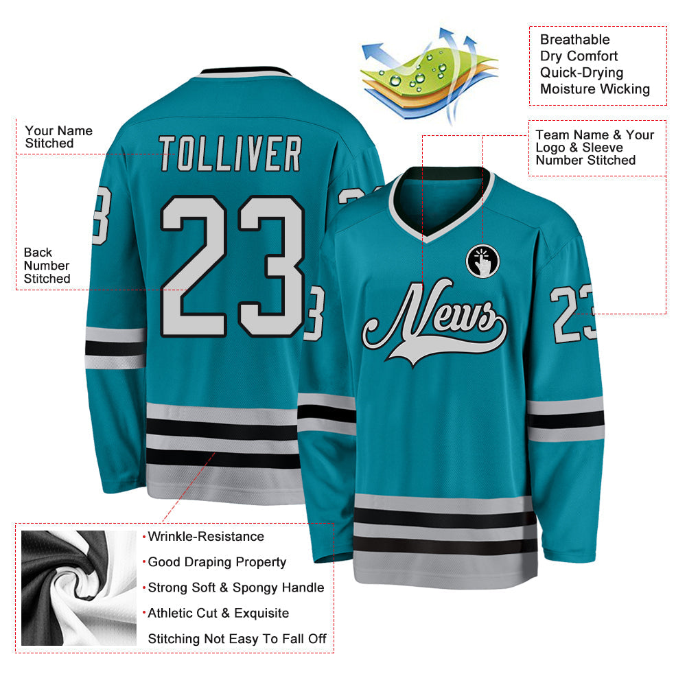 Custom Teal Gray-Black Hockey Jersey view 2