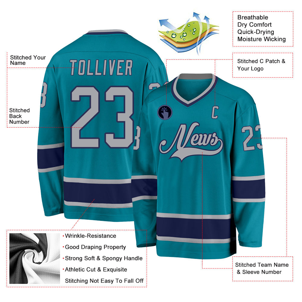 Custom Teal Gray-Navy Hockey Jersey view 2