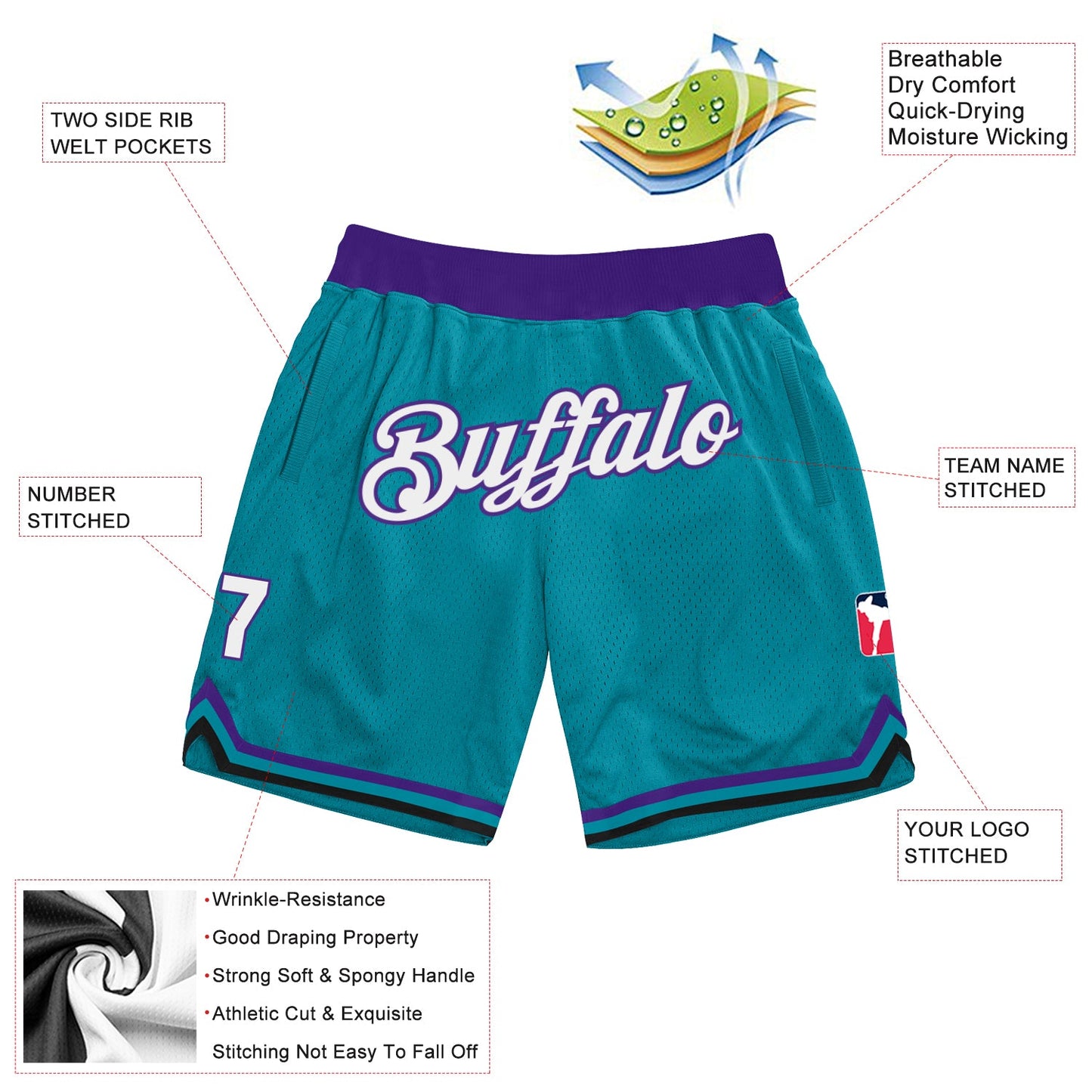 Custom Teal White-Purple Authentic Throwback Basketball Shorts view 2