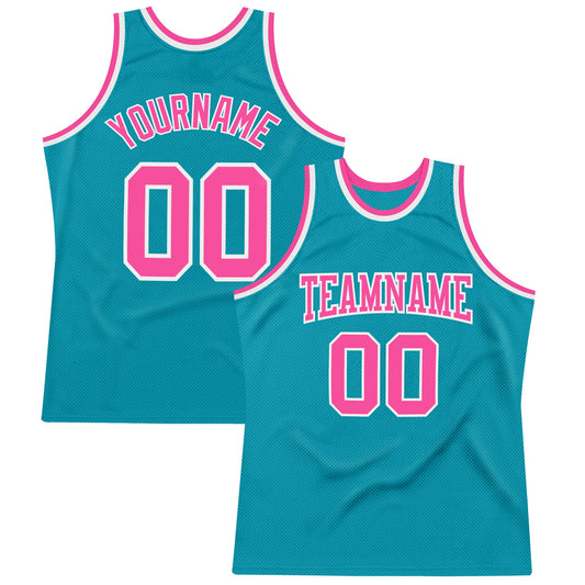 Custom Teal Pink-White Authentic Throwback Basketball Jersey - Main View