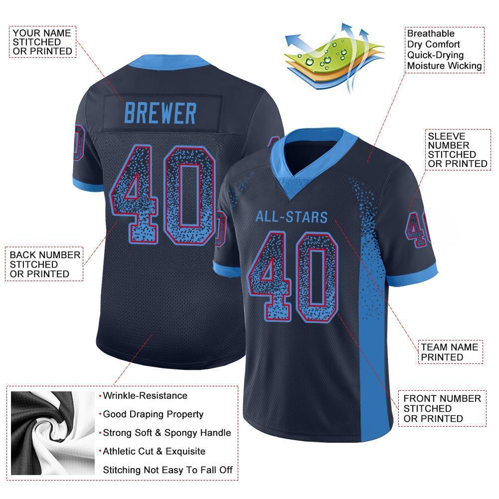 Custom Navy Powder Blue-Red Drift Fashion Football Jersey view 3