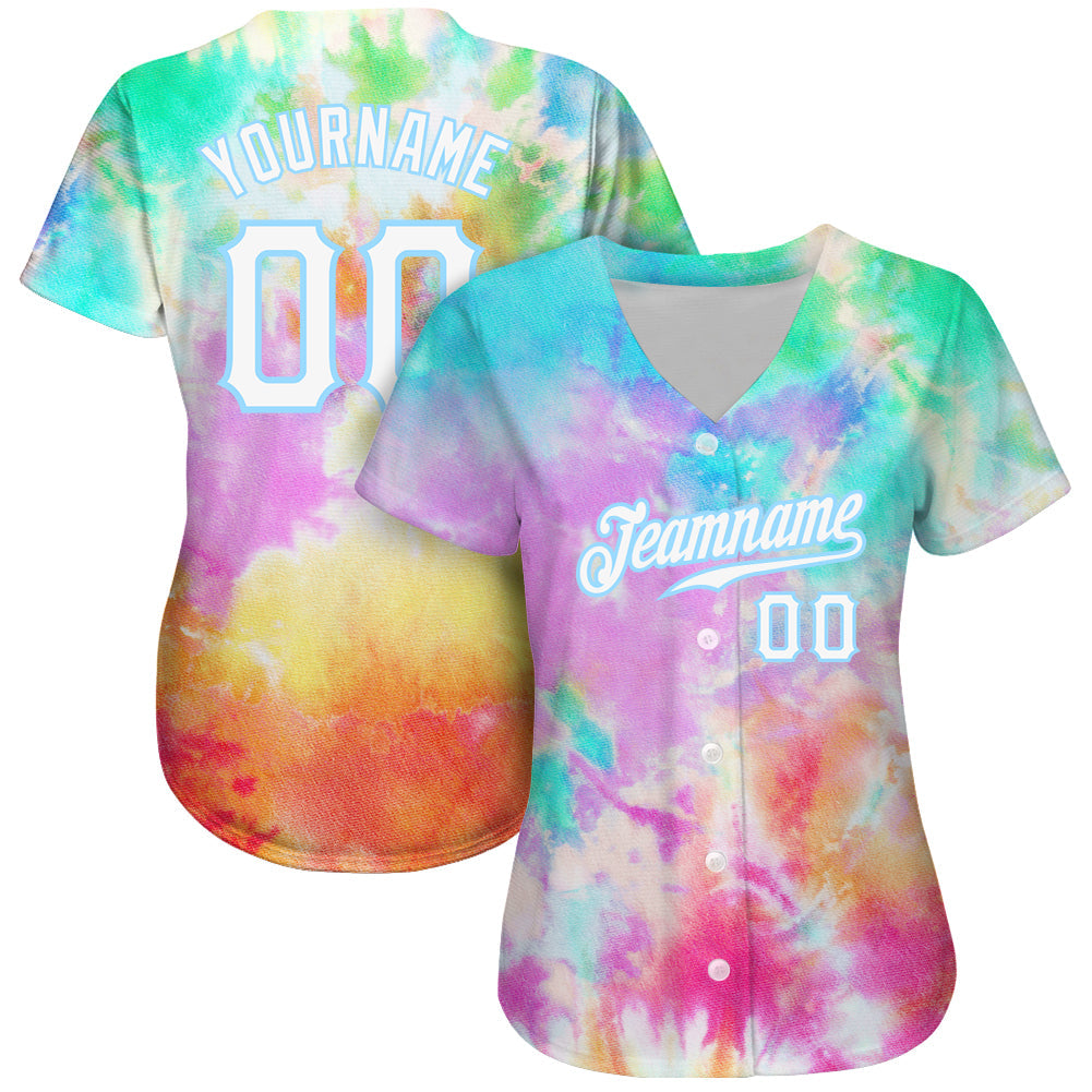 Custom Tie Dye White-Light Blue 3D Rainbow Authentic Baseball Jersey view 2