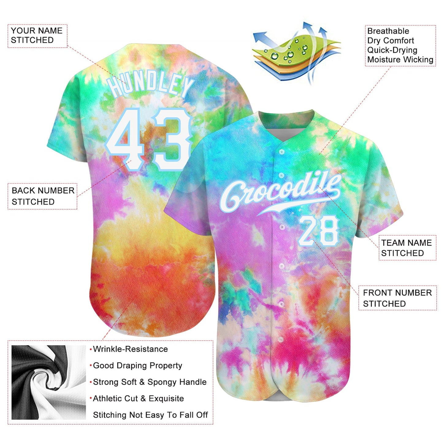 Custom Tie Dye White-Light Blue 3D Rainbow Authentic Baseball Jersey view 3
