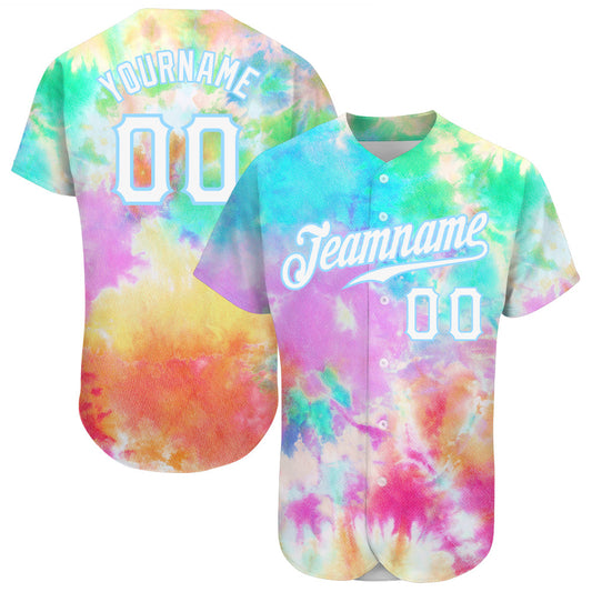 Custom Tie Dye White-Light Blue 3D Rainbow Authentic Baseball Jersey - Main View