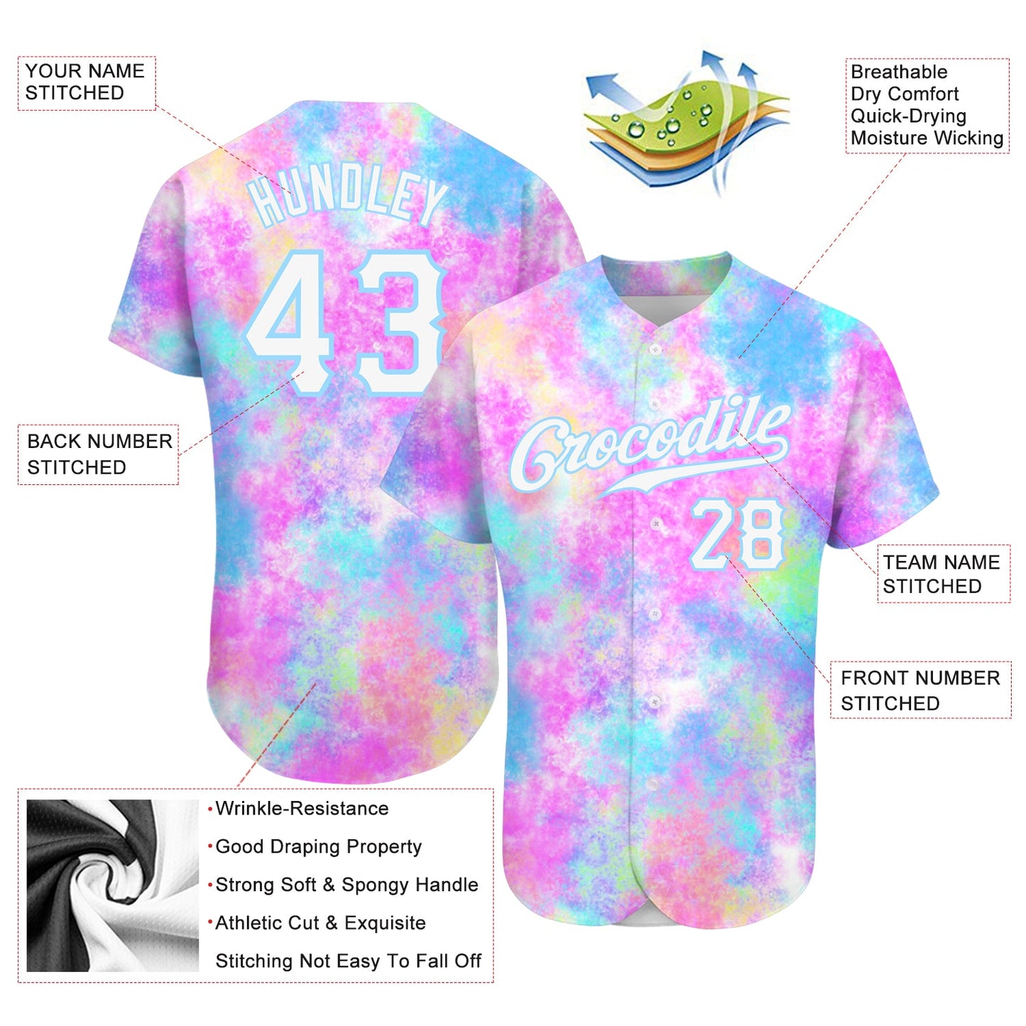 Custom Tie Dye White-Light Blue 3D Watercolor Gradient Authentic Baseball Jersey view 3
