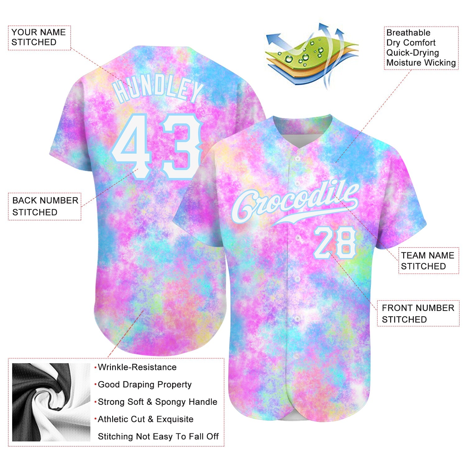 Custom Tie Dye White-Light Blue 3D Watercolor Gradient Authentic Baseball Jersey view 3
