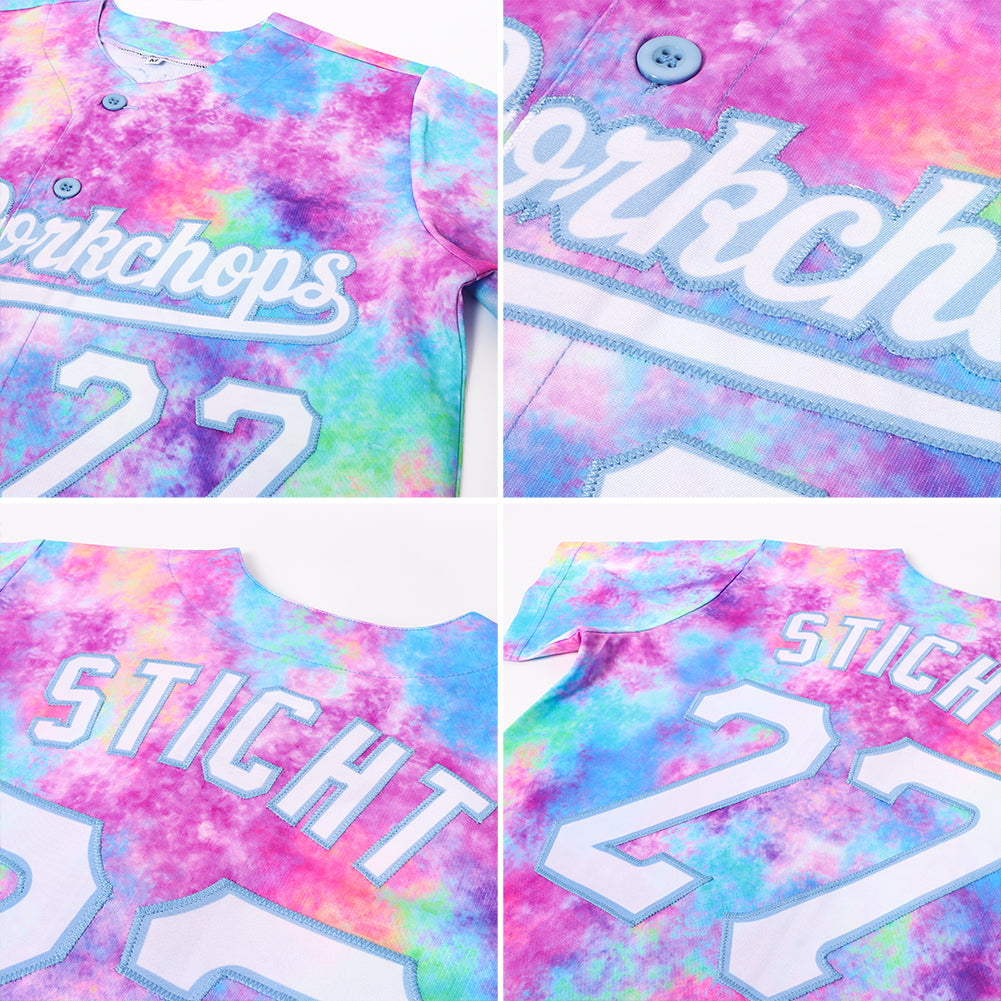 Custom Tie Dye White-Light Blue 3D Watercolor Gradient Authentic Baseball Jersey view 6