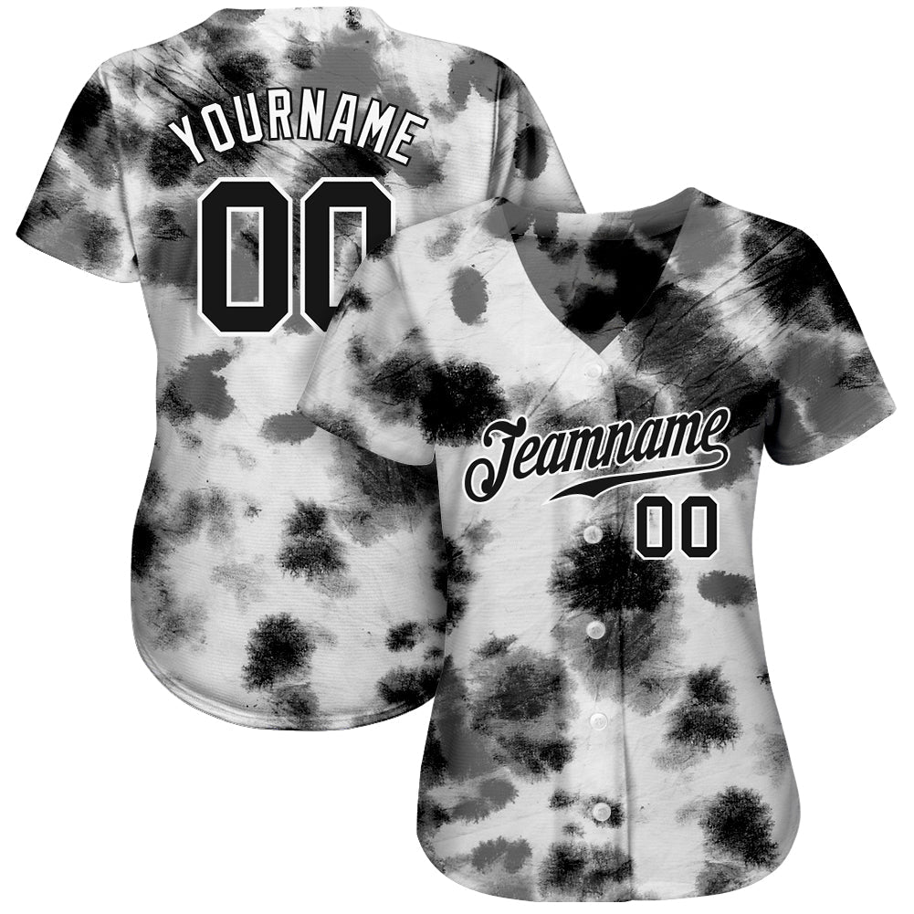 Custom Tie Dye Black-White 3D Steel Authentic Baseball Jersey view 2