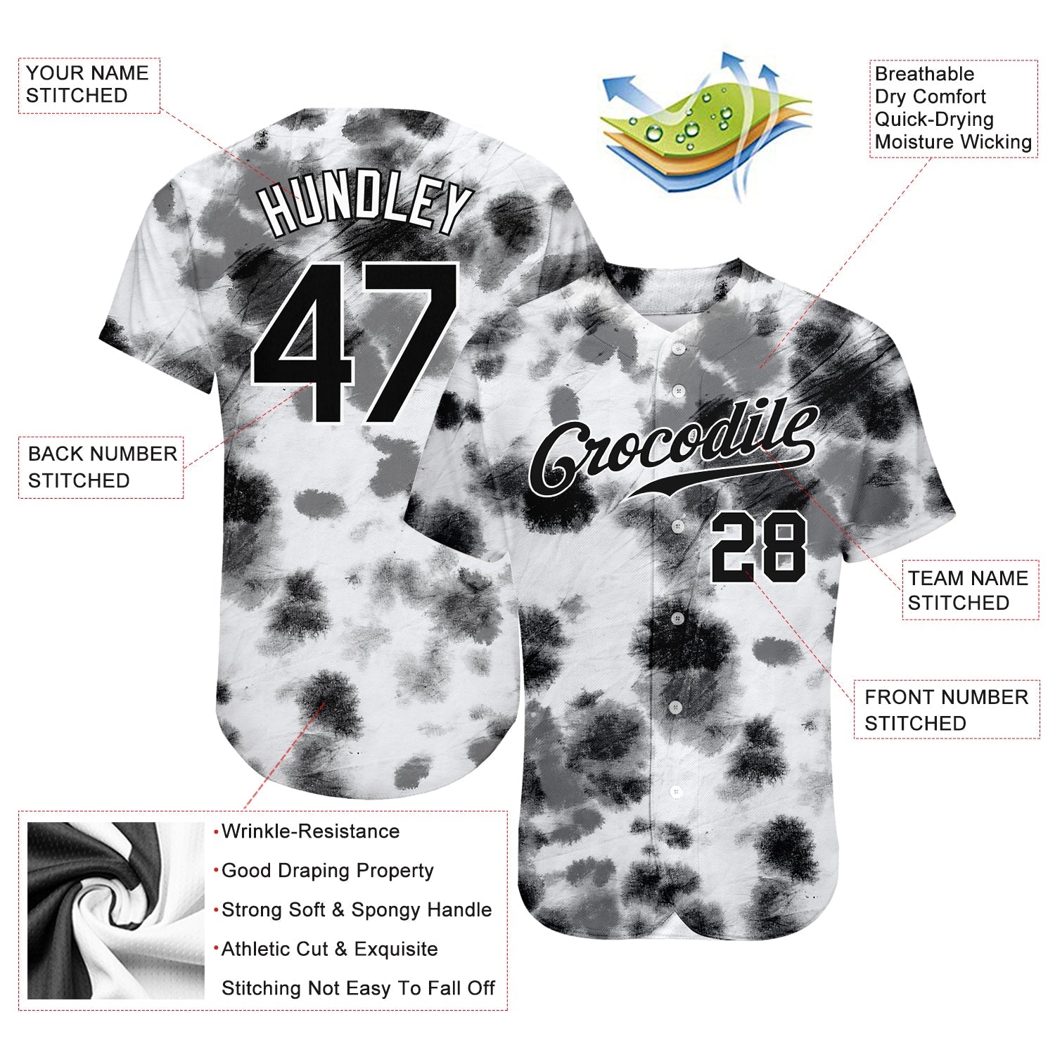Custom Tie Dye Black-White 3D Steel Authentic Baseball Jersey view 3