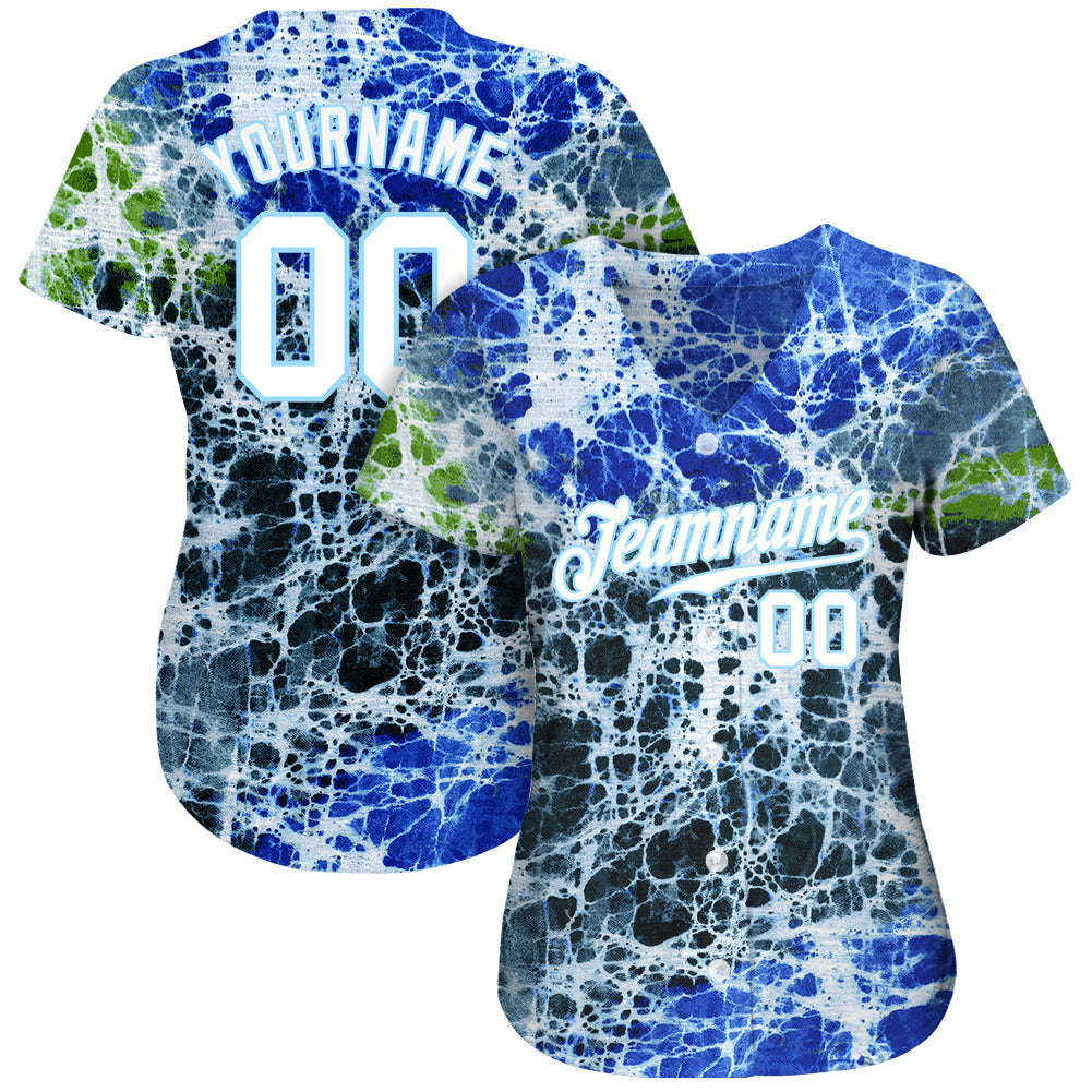Custom Tie Dye White-Light Blue 3D Authentic Baseball Jersey view 2