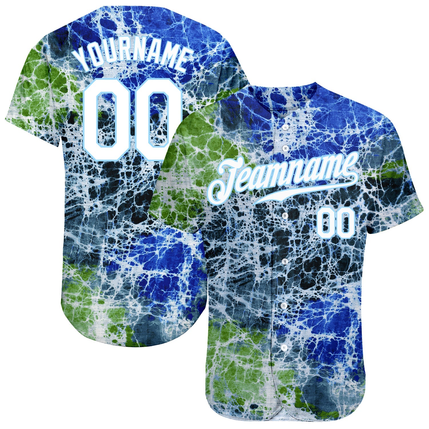 Custom Tie Dye White-Light Blue 3D Authentic Baseball Jersey - Main View