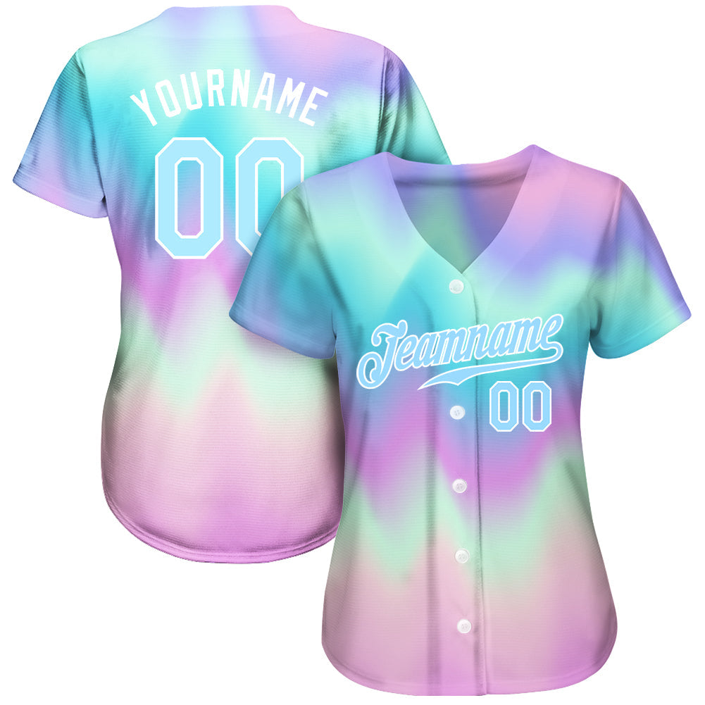 Custom Tie Dye Light Blue-White 3D Authentic Baseball Jersey view 2