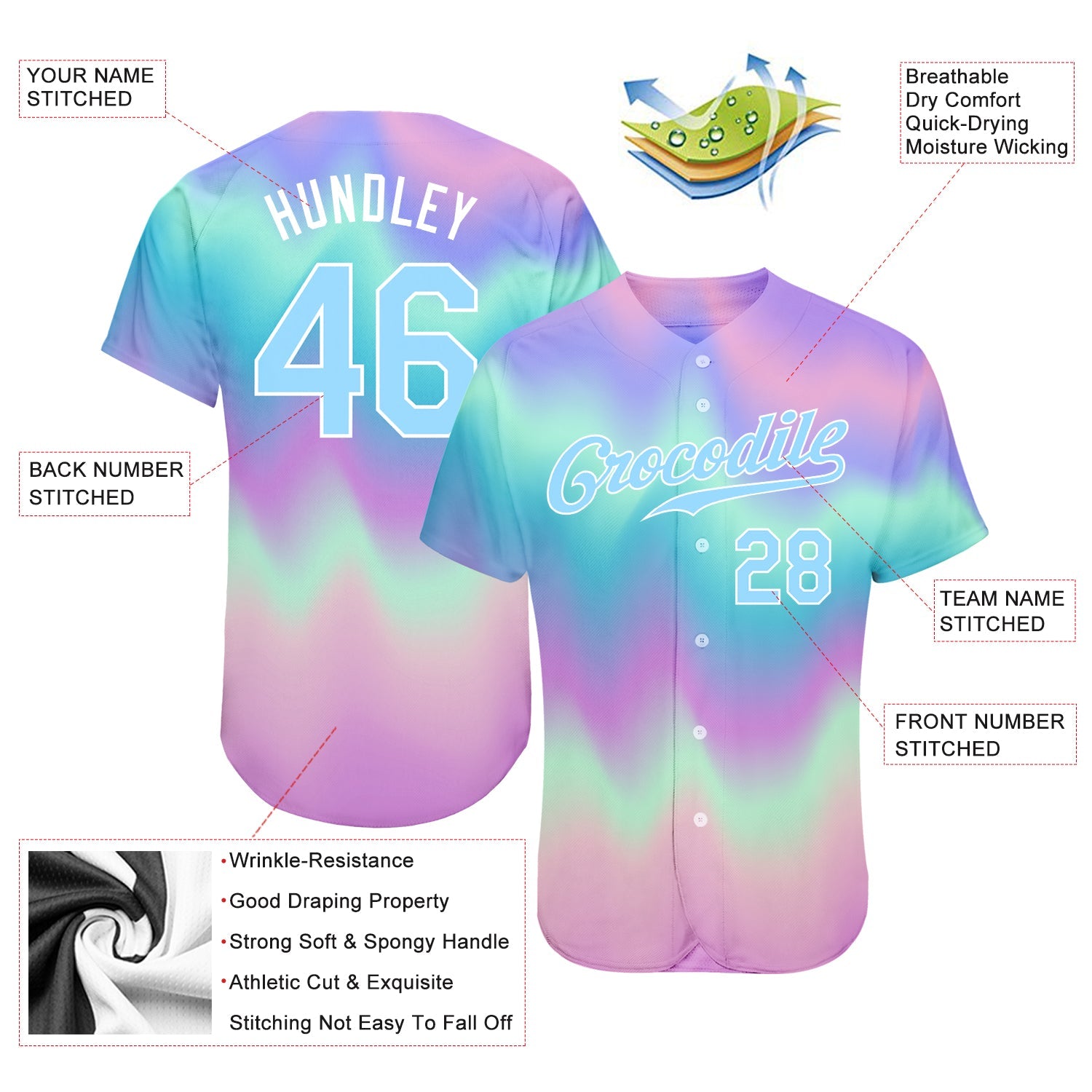 Custom Tie Dye Light Blue-White 3D Authentic Baseball Jersey view 3