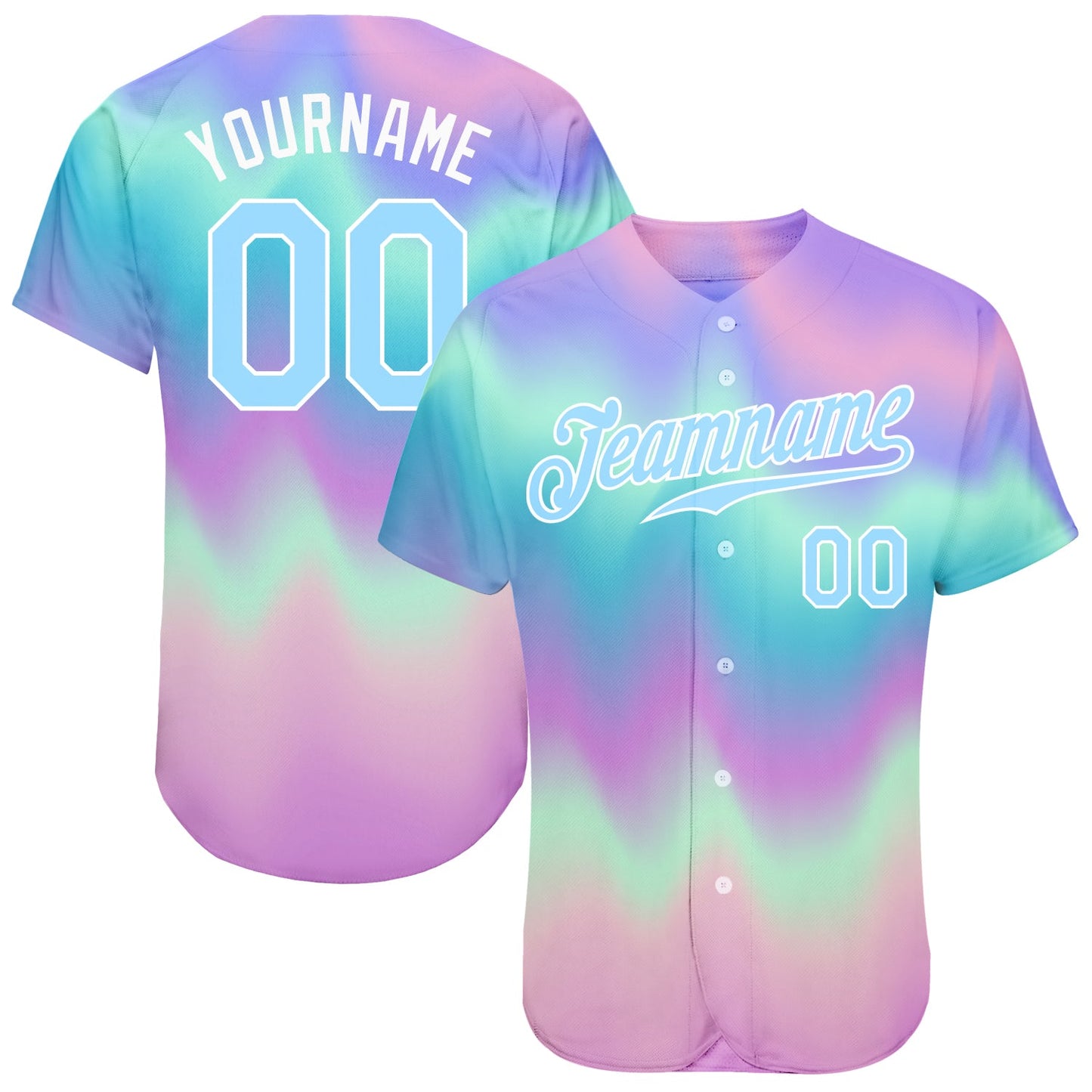 Custom Tie Dye Light Blue-White 3D Authentic Baseball Jersey - Main View