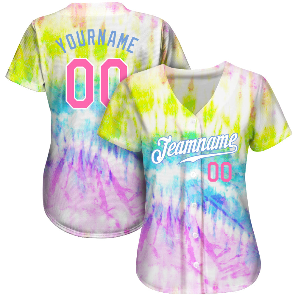 Custom Tie Dye Pink-Light Blue 3D Rainbow Authentic Baseball Jersey view 2