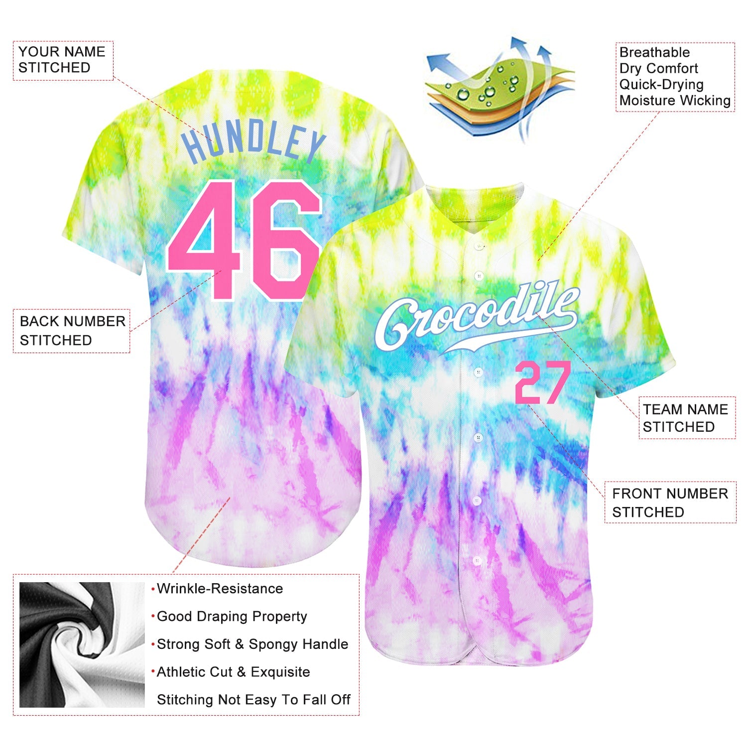 Custom Tie Dye Pink-Light Blue 3D Rainbow Authentic Baseball Jersey view 3
