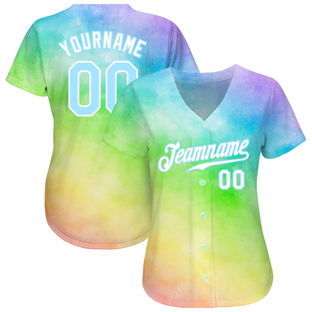 Custom Tie Dye Light Blue-White 3D Rainbow Authentic Baseball Jersey view 2