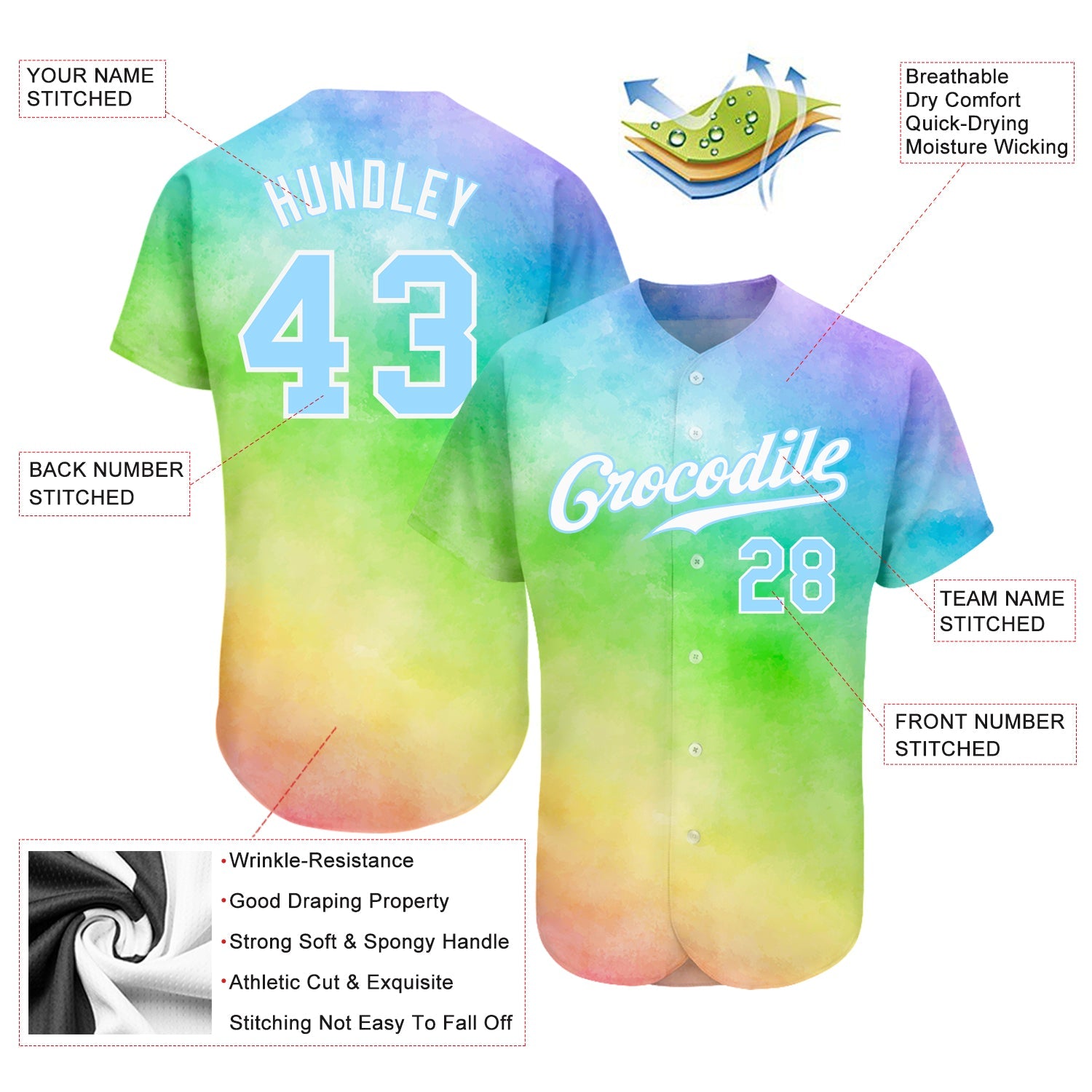 Custom Tie Dye Light Blue-White 3D Rainbow Authentic Baseball Jersey view 3