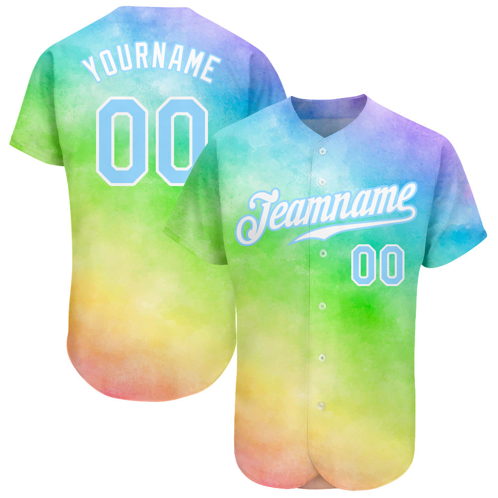 Custom Tie Dye Light Blue-White 3D Rainbow Authentic Baseball Jersey - Main View