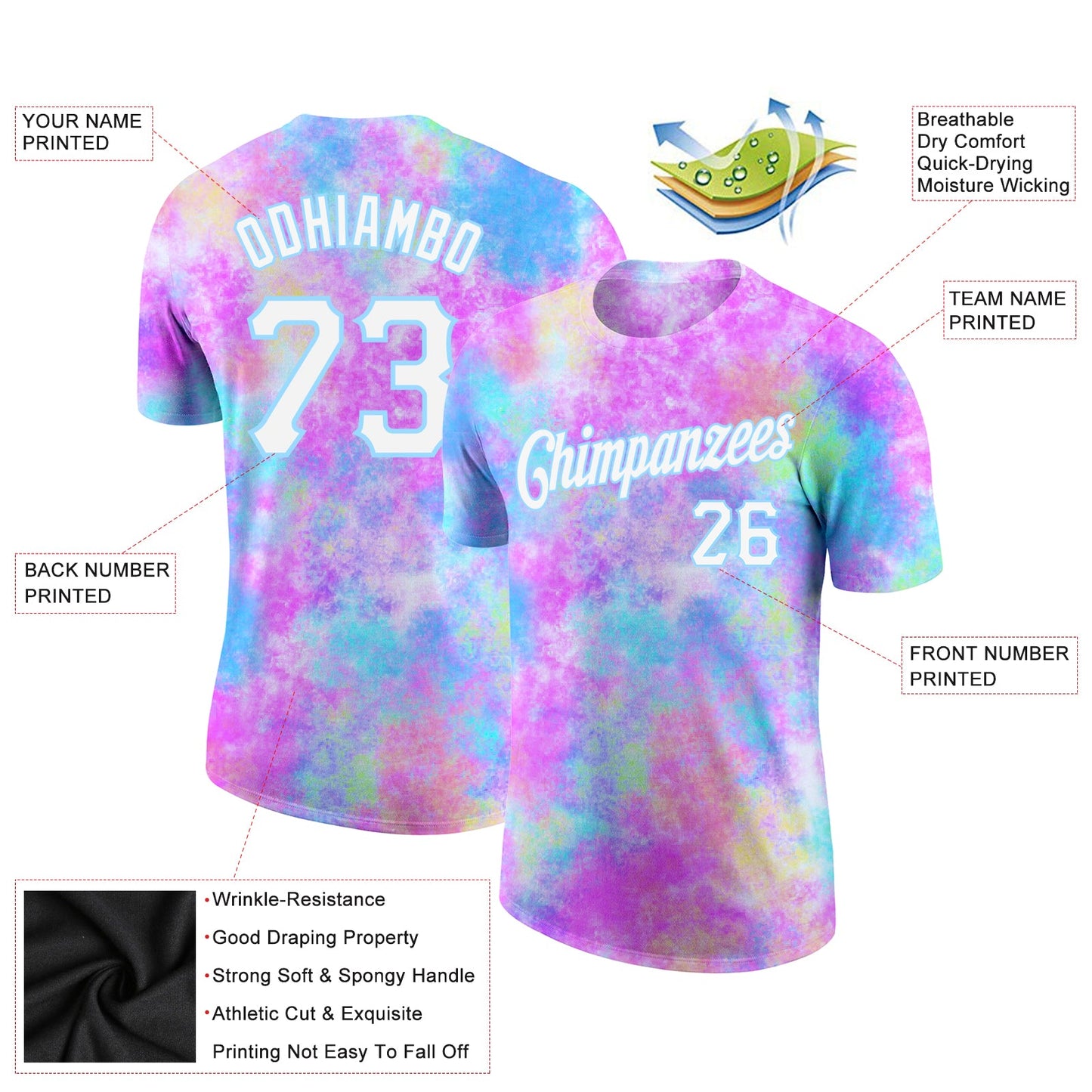 Custom Tie Dye Watercolor Gradient White-Light Blue 3D Performance T-Shirt view 2